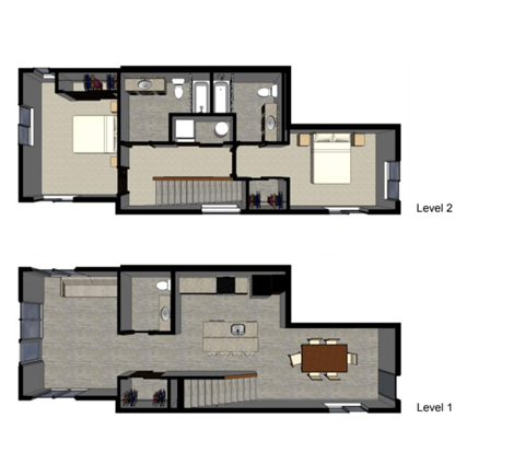 Floor plan for 2 beds, 2.5 baths, 1270 sqft
